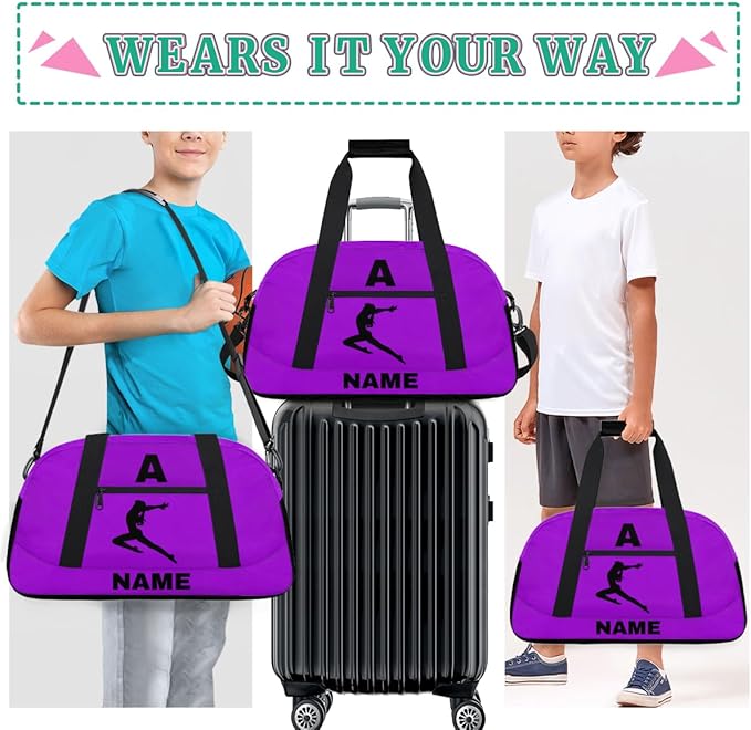 Personalize-Kids-Sports-Duffel-Bags With Custom Name Text Carry-On Overnight Travel Gym Lightweight Dance Pattern Sports Bags For Girls Boys Kids,Lilac 3