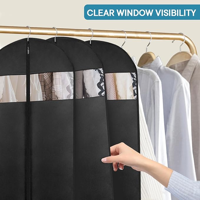 43" Suit Bags for Closet Storage and Travel, Garment Bags for Hanging Clothes, Suit Garment Bag for Men, Black Suit Cover Bags with Clear Window for Coats, Jackets, Shirts（5 Packs）