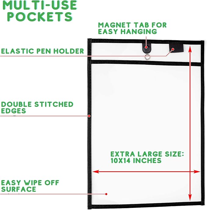 Magnetic Dry Erase Pockets by Two Point (6-Pack) - Portrait - Black Dry Erase Pocket Sleeves, Job Shop Ticket Holders, Clear Paper Sleeves Protectors, Magnetic Pouch