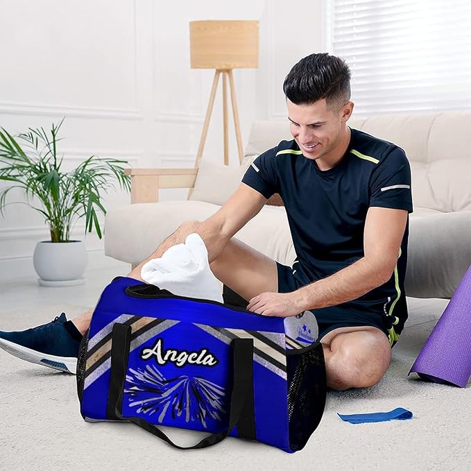 Personalized Sports Duffle Bags for Training, Navy Blue Cheering Silver Stripes Travel Bags with Adjustable Shoulder Strap, Custom Name Birthday Holiday Gift