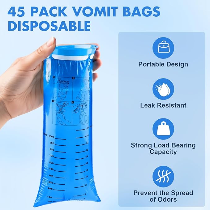 45 Pack Throw Up Bags Disposable, Portable Emesis Vomit Bags Disposable, 1000ml Barf Puke Nausea Bag, for Motion Sickness Aircraft Car Travel Adults