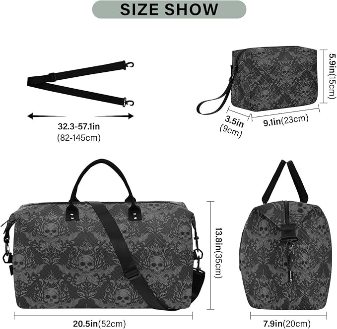 Gothic Skull Quilted Travel Bags Weekender Duffle Bags With Toiletry Bag Carry on Overnight Duffels Yoga Gym Bag for Airplanes Business Sports
