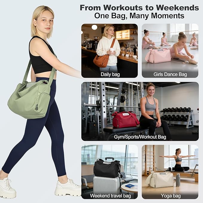Women's Mini Gym Bag Crossbody, Everyday Sling Duffel with Shoe Compartment & Wet Pocket, Water-Resistant Travel Bag, Olive Green