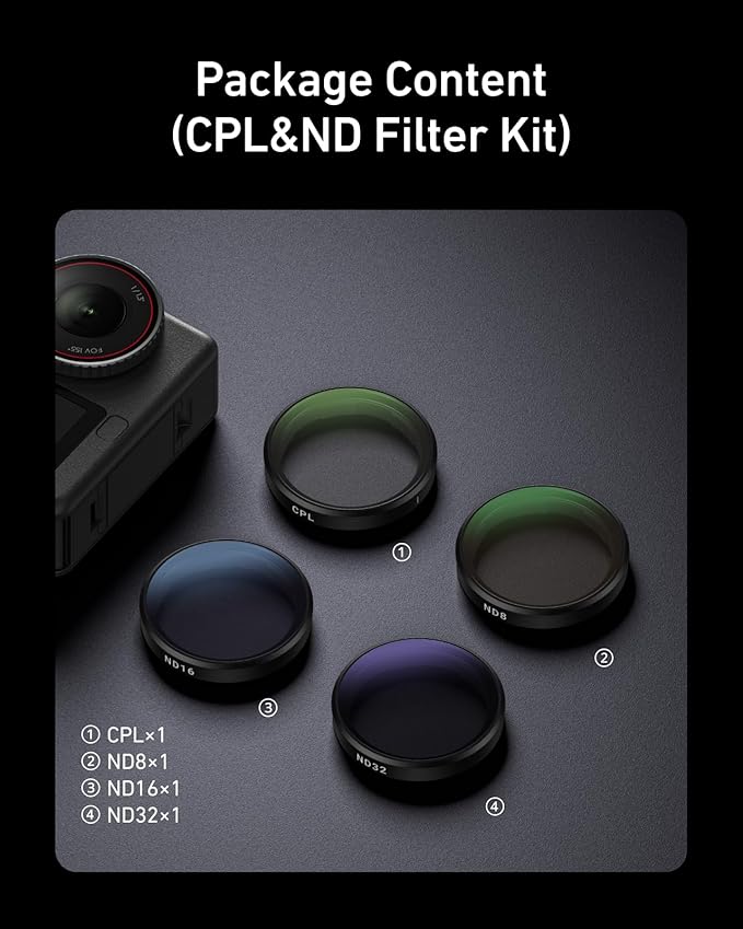 TELESIN CPL ND Filter Kit for DJI Osmo Action 6, 4 Pack CPL ND8 ND16 ND32 Action 6 Filter, Snap-On Neutral Density Polarising Filter, HD Optical Glass/Multi-Coated Filters Creator Combo Accessories