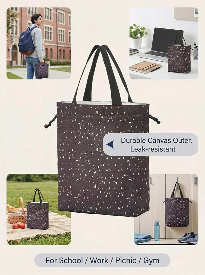 Reusable Small Lunch Bag,Drawstring Lunch Bag,Insulated Handbag Tote bag with Handle (Starry Night Black)