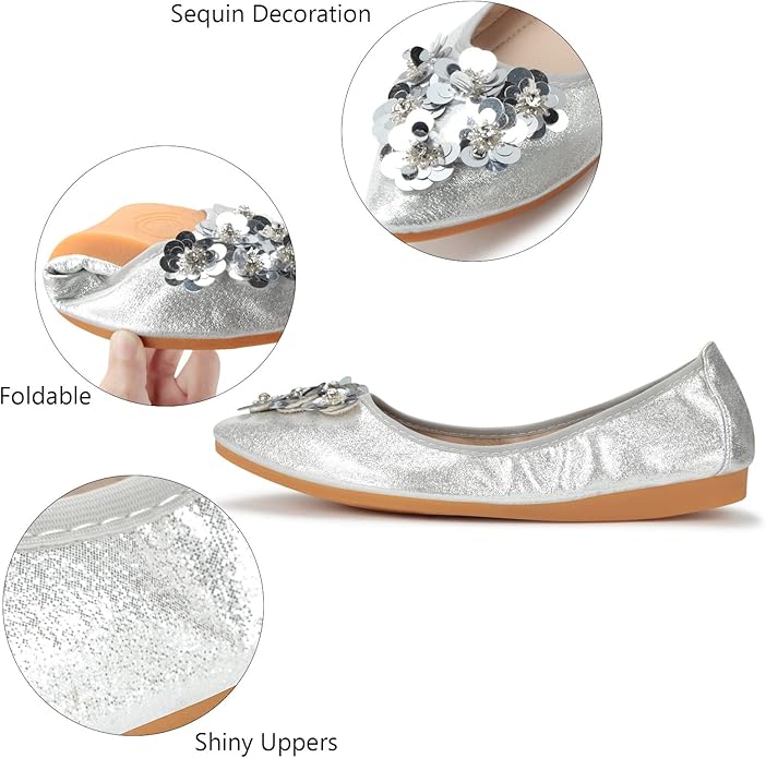 KUNWFNIX Women Ballet Flats Rhinestone Wedding Ballerina Shoes Foldable Sparkly Comfort Slip on Flat Shoes
