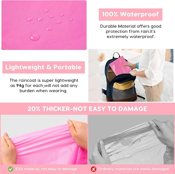 BFONS Rain Ponchos for Kids, Reusable Raincoats for Boys Girls with Hood and Sleeves, Waterproof Rain Jackets for Travel Outdoor Pink 2PCS