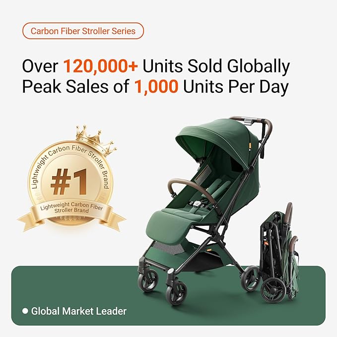 MAMAZING Ultra Air Lightweight Baby Travel Stroller with Carbon Fiber Frame, Compact & Airplane-Friendly, One-Handed Fold, 11.6 lbs, Perfect for Toddlers, Organizer & Cushion Included, Green