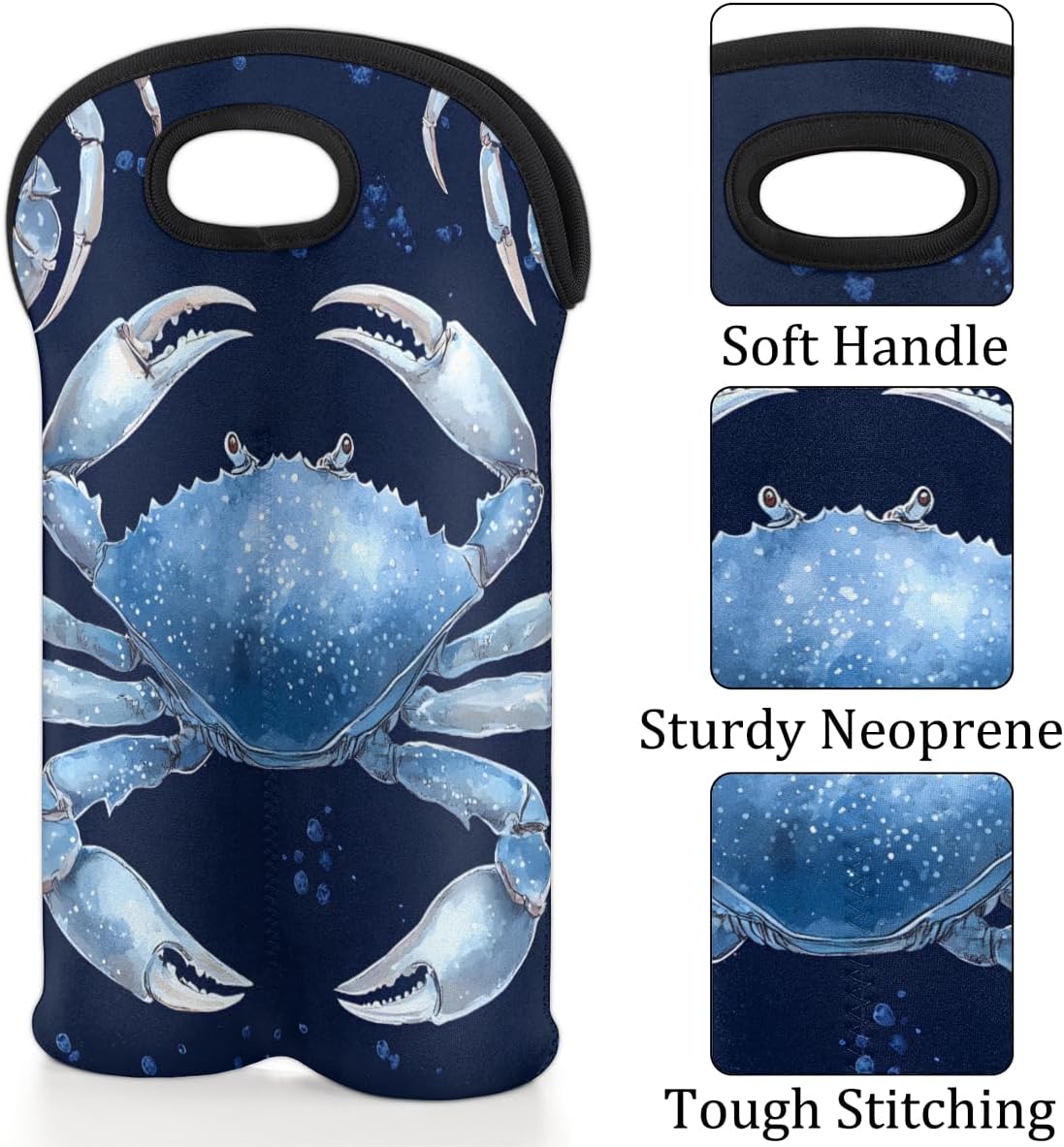 Neoprene Wine Tote, Bottle Carrier Gag Insulating Neoprene Thicker, Insulated Wine Bag for Travel Holds Two Bottles, Bottle Carrier Bags Protect the Bottles, Blue Crab