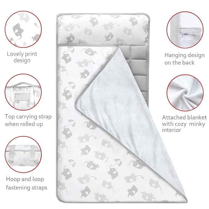 Moonsea Nap Mat for Toddlers Elephant with Pillow Blanket, Lightweight Perfect for Toddlers Preschool, Daycare, Travel Sleeping Bag Boys Girls, 21" x 50" Fit on a Standard Cot