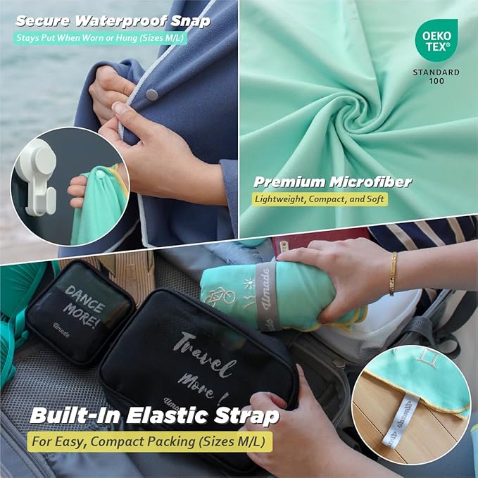 Umade Oversized Microfiber Beach Towel, L 73" x 35.5" - Sand Free Quick Dry Lightweight Travel Towel, Hanging Loop & Elastic Strap, Sharks (Ocean Blue)