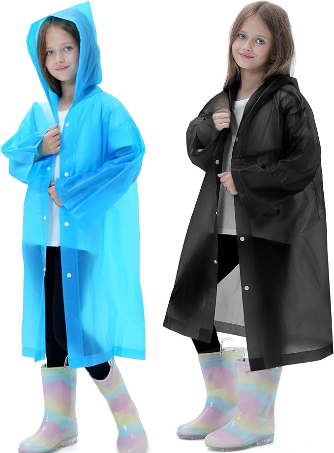 2 Pack Reusable Waterproof Raincoat EVA Emergency Rain Ponchos One Size Rain Jacket for Children, Boys and Girls