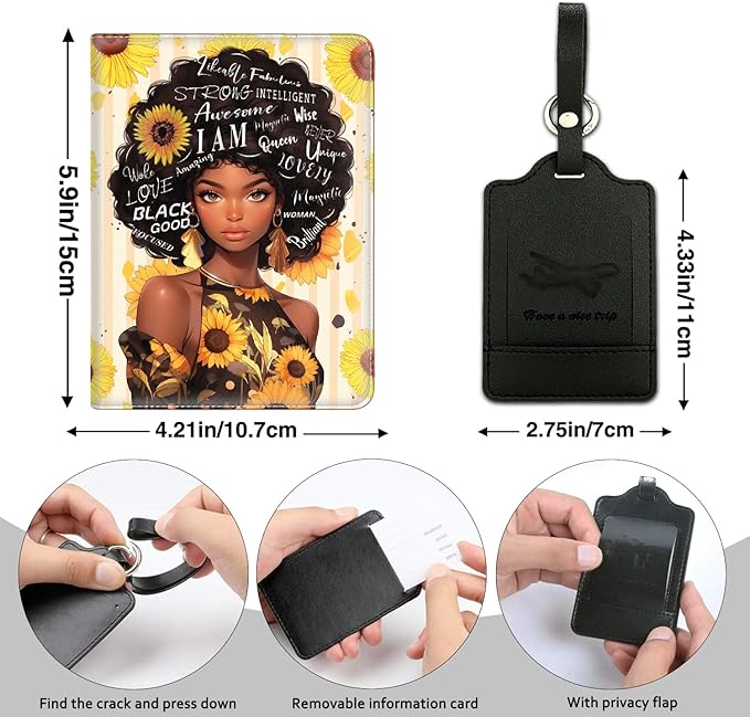 Passport Holder Women Wallet with Luggage Tag, Leather Passport Cover with RFID Blocking, Travel Accessories Multi Card Slot Passport Case for Men，African American Women Black Women