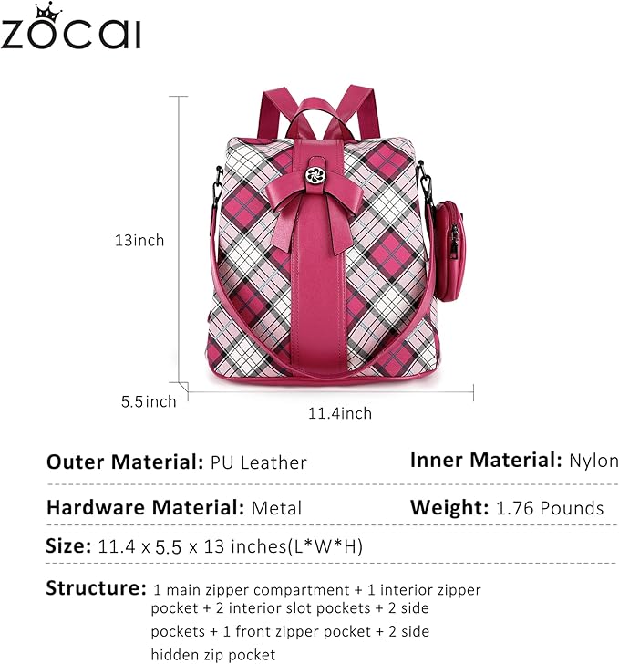 ZOCAI Backpack Purse for Women Fashion Backpack Purses PU Leather Daypacks Anti-Theft Shoulder Bag Satchel Purse
