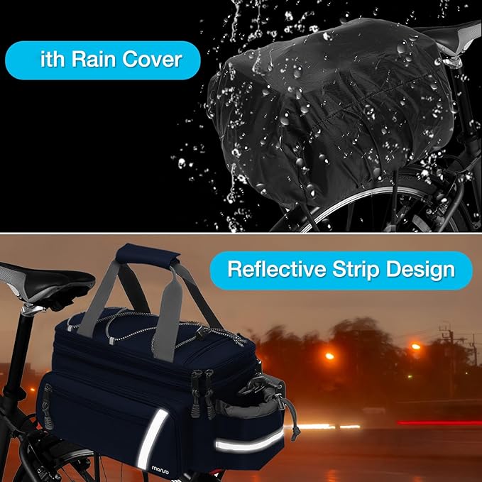 MOSISO Bike Rack Bag with Rain Cover, Bike Trunk Cooler Handag Insulated Bicycle Rear Seat Pouch with 2 Side Foldable Panniers, 8L Cycling Backseat Storage Cargo Saddle Shoulder Bag, Navy Blue