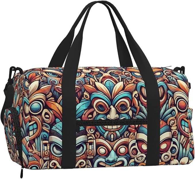Tiki Masks Print Gym Bag with Shoe Compartment for Women Men, 17.7in Sports Duffle Weekender Tote, Overnight Travel Duffel Bag Carry On