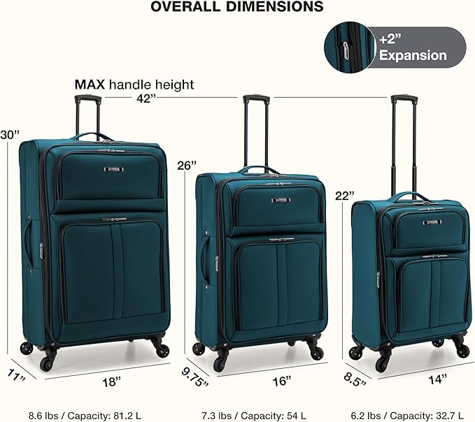 U.S. Traveler Anzio Softside Expandable Luggage with Spinner Wheels, Teal, 3-Piece Set (22/26/30)