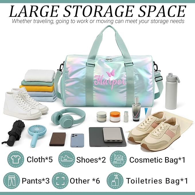 Personalized Dance Duffle Bag for Girls with Embroidered Name Custom Travel Duffle Sport Gym Bag for Women Cheerleading Weekender Overnight Luggage Bag with Shoe Compartment Customized Gifts Blue