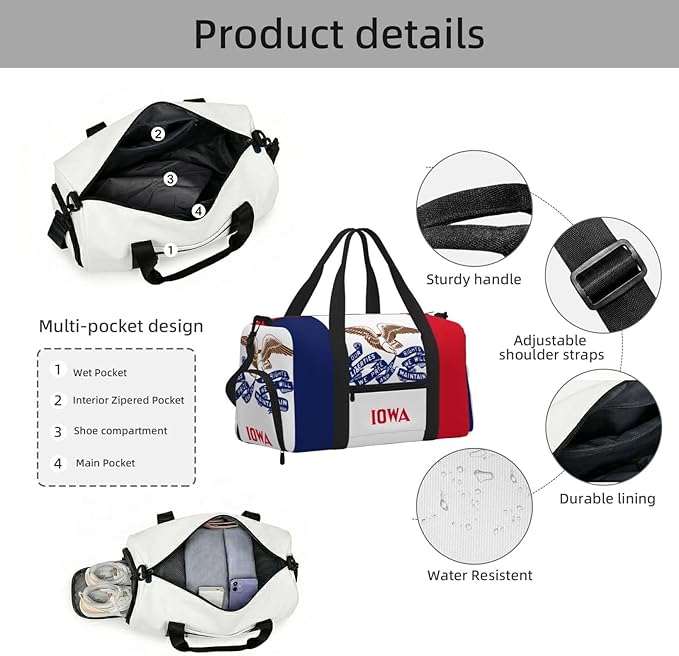 Iowa state flag Print Gym Bag with Shoe Compartment for Women Men, 17.7in Sports Duffle Weekender Tote, Overnight Travel Duffel Bag Carry On