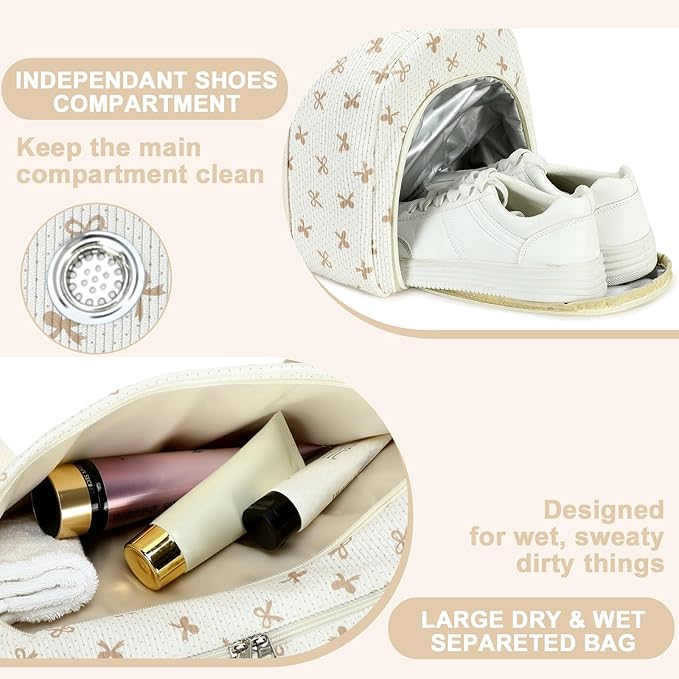 Gym Bag Sports Duffle Bag with Wet Pocket Weekender Overnight Bags with Waterproof Shoe Pouch and Air Hole for Girls Kids Women Workout Travel Bags (Brown Bow - Beige)