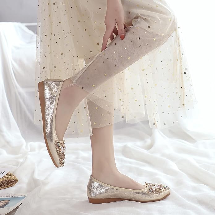 KUNWFNIX Women Ballet Flats Rhinestone Wedding Ballerina Shoes Foldable Sparkly Comfort Slip on Flat Shoes