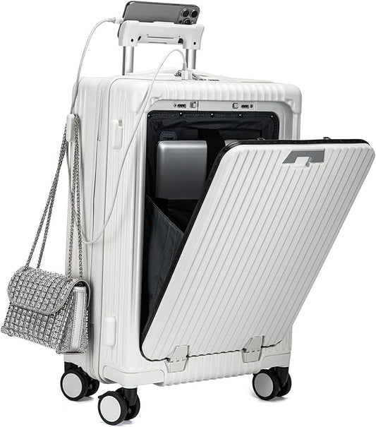 feilario 20in Hardside Spinner Wheel Luggage with Zipper Closure, Built-In TSA lock Carry on Suitcase, with Cup Holder & USB Port & Phone Holder White(with zipper closure, 20in)
