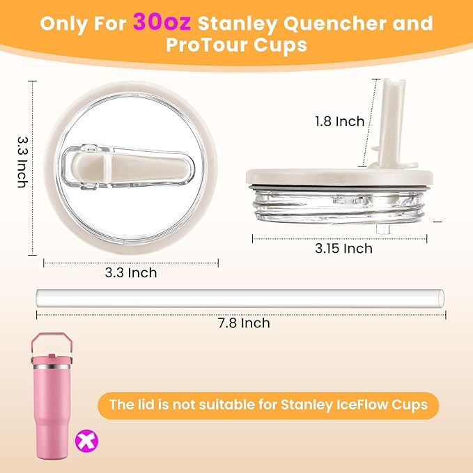 2 Pack Flip Straw Lid Replacement for Stanley 30 oz Cup Accessories, Leakproof Detachable Lids for 30 ounce Stanley Quencher H2.0 & ProTour Tumbler (White, White)