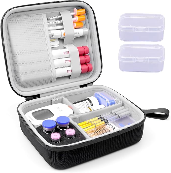 Krypthos Diabetic Supplies Travel Case, Portable Diabetes Organizer for Glucose Meter, Blood Sugar Test Strips Kit, Insulin Pens, Vials, Syringes, Lancing Device and More with Adjustable Dividers