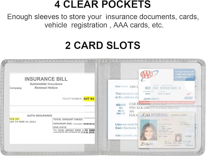 Cacturism Car Registration and Insurance Holder, Vehicle Glove Box Car Organizer Men Women Wallet Accessories Case for Cards, Essential Document, Driver License, Silver