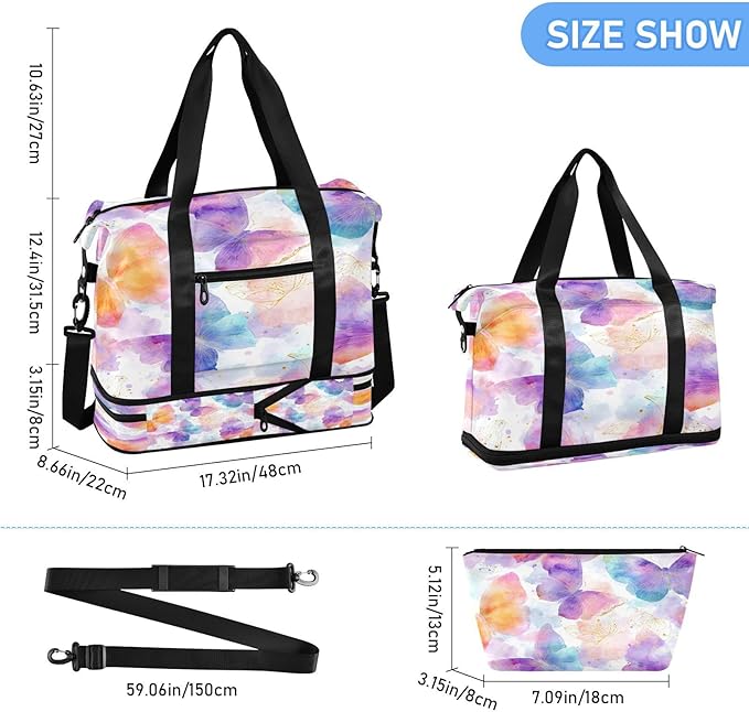 Travel Duffel Bags for Women Soft Watercolor Butterfly Sports Duffel Bags Gym Bags with Shoes Compartment Tote Bag Weekender Bag for Travelling