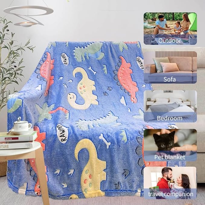 Personalized Dinosaur Blanket for Boys - Glow in The Dark, Soft Fleece Throw for Kids and Toddlers, Birthday Gift 40"x 50"