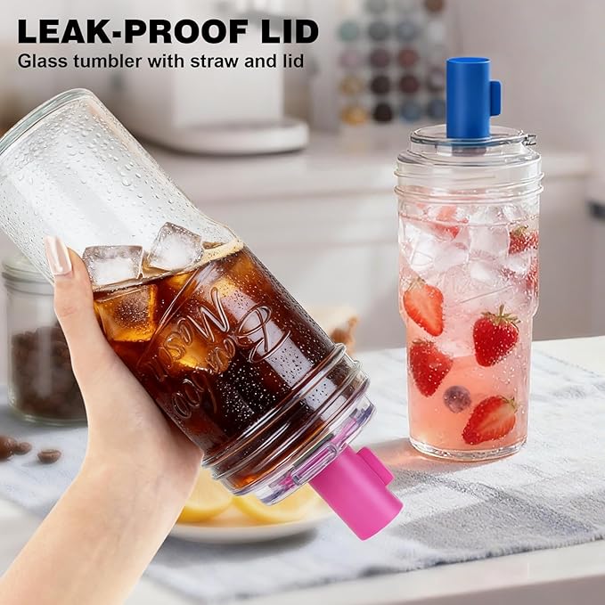 ANOTION 2pc Glass Tumbler with Lids and Straws, Leakproof 24oz Mason Jar Cups, Leak-Proof Cap, Self-Assembly Silicone Straw, Reusable Iced Coffee Smoothie Matcha Cup Aesthetic Coffee Gifts Women