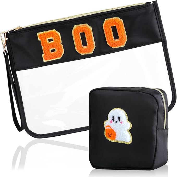 2 Pcs Halloween Gifts Cosmetic Makeup Bags with Boo Chenille Letter Patch, Clear Pouch PVC Organizer Purse, Waterproof Travel Bag, Portable Toiletry Storage Bag for Girls Friends Women