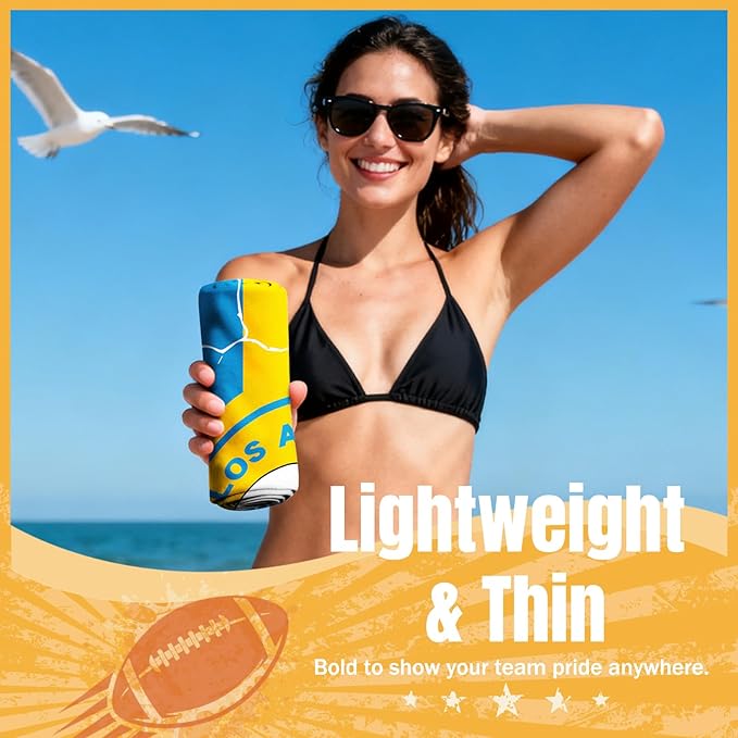 Football Fan Thin Lightweight Microfiber Beach Towel Themed Los Angeles Large Sand Free Oversized Portable Towels Men Women Gear Chargers Team Boyfriend Valentines Anniversary Gag Fun Nice Gifts