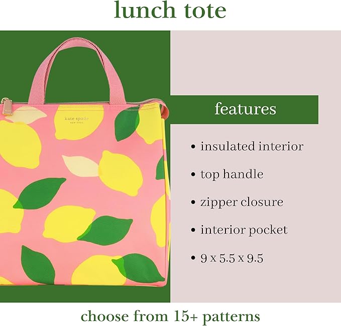 kate spade new york Portable Soft Cooler Lunch Bag, Thermal Tote with Insulated Interior Lining and Storage Pocket, Lunch Tote for Women, Lemon Toss