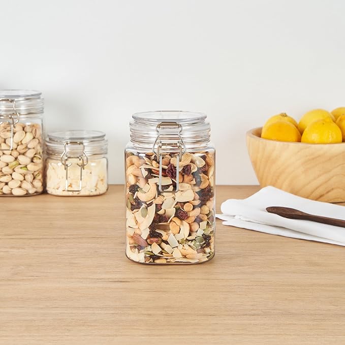 Met Lux 43 Ounce Hinged Food Storage Jars, 20 Airtight Jars With Lids - Rubber Gasket, Wide Mouth, Clear Plastic Square Canisters, Freezable, For Kitchen And Pantry Storage - Restaurantware