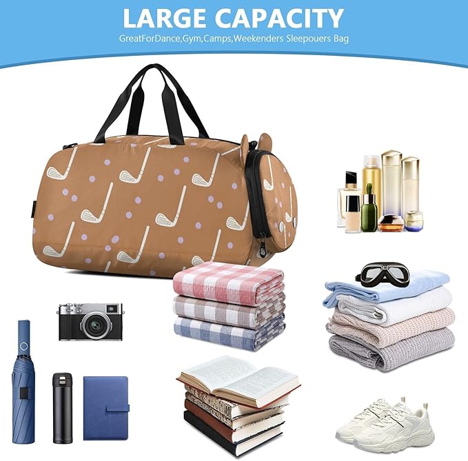 VIGTRO Golf Clubs Purple Dots Pattern Kids Overnight Travel Duffel Bag Sport Gym Bag for Boys Girls with Shoe Compartment, Carry On Weekender Luggage Bag for Dance Swim Yoga