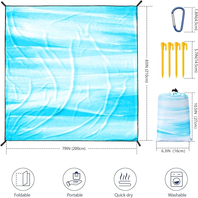 Beach Blanket Waterproof Sandproof Beach Mat for 1-8 Adults Quick Drying Durable Outdoor Picnic Mat for Beach Festival Travel Camping Hiking (TINTING-BL&W, 79"×83"(4 Person))