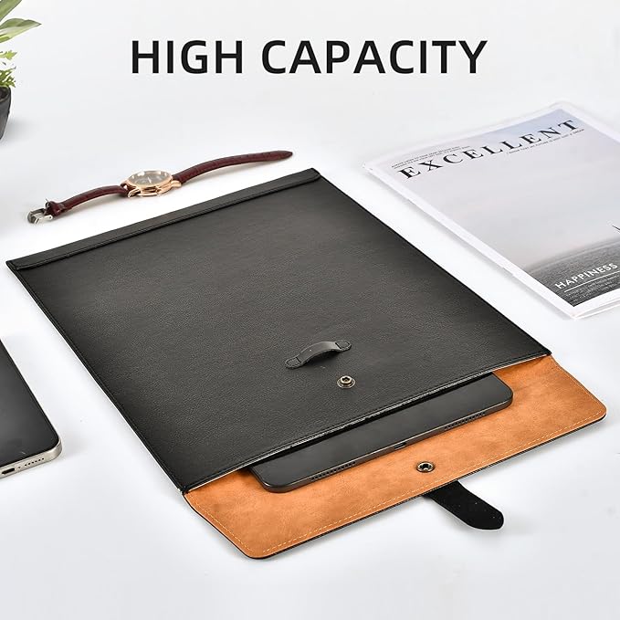 Black PU Leather File Folder, Snap Closure File Organizer, Document Organizer, Laptop Sleeve Notebook Case, A4 Envelopes Filing Folder