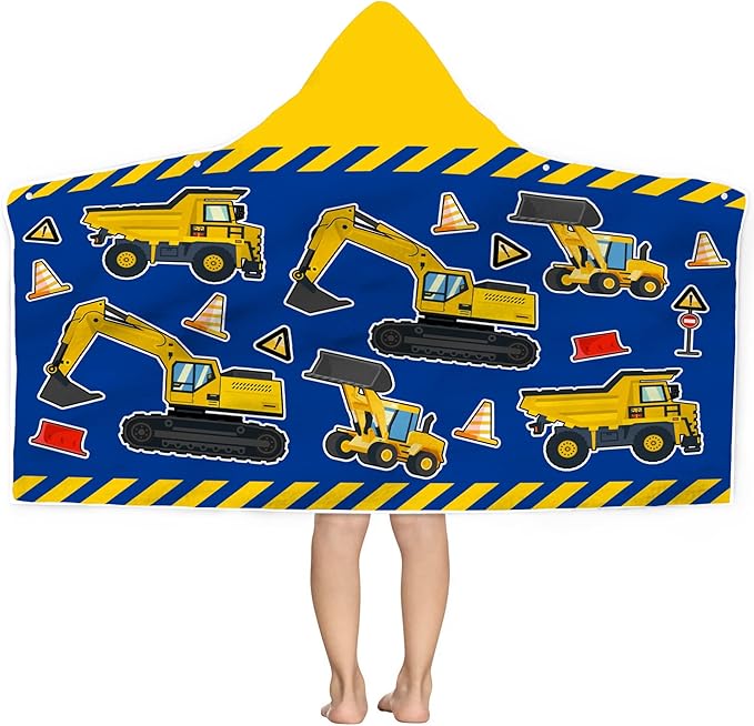 Kids Beach Towel With Hood - Excavators Vehicles Engineering Theme for Boys Girls, Microfiber Soft Bath Poncho Bathrobe Wrap Robe for Swim Pool - Cool Children's Gift