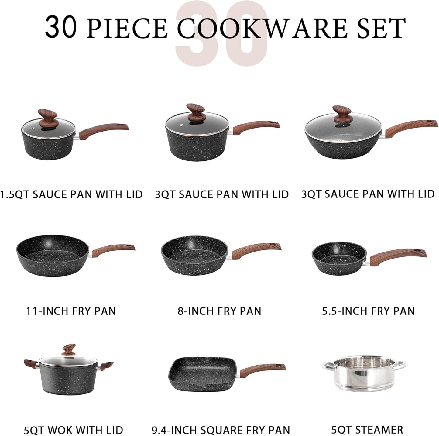 MAISON ARTS 30 Piece Pots and Pans Set Non Stick, Kitchen Cookware & Bakeware Sets with Nonstick Granite Coating, Baking Tray, Frying Pan and Saucepan, Black