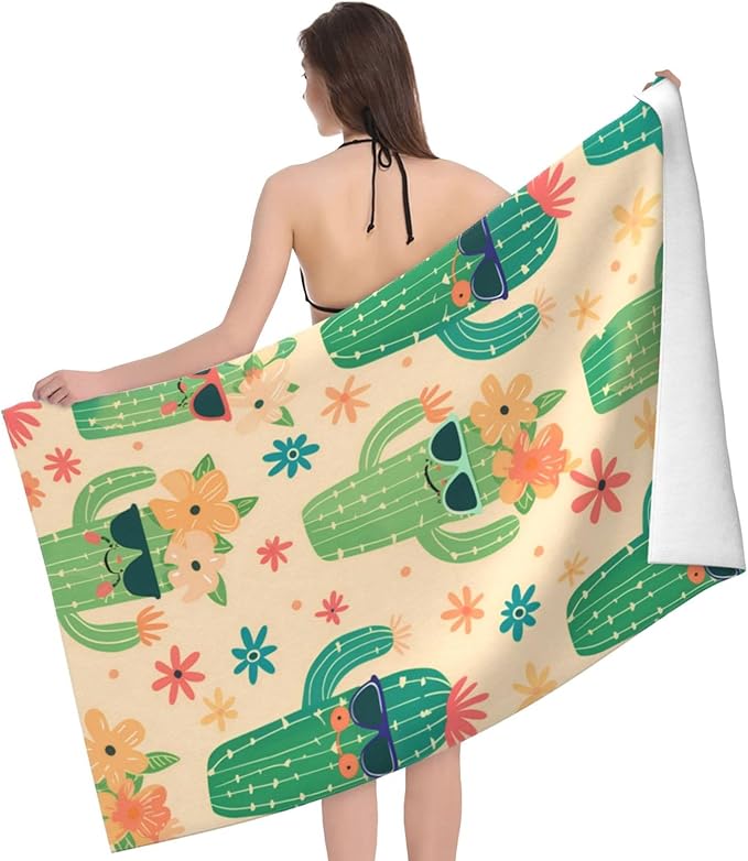 Cactus Fun Beach Towel 31inx51in, Desert Sand-Free Microfiber Bath Towel Ultra Soft Quick Dry Pool Towel Absorbent Towel Lightweight Towel for Swimming Bathroom Decor