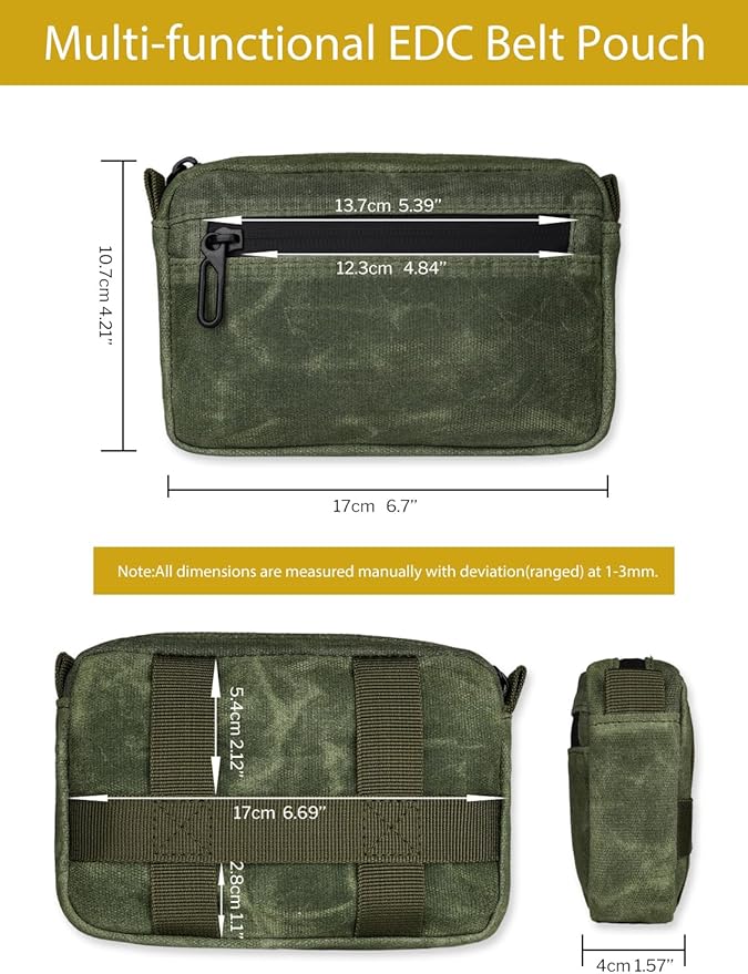 Sayram SP7 EDC Belt Pouch - Waxed Canvas With Zipper, Waist Pack for Men, Anti-Theft Pickpocket Organizer for Daily Use