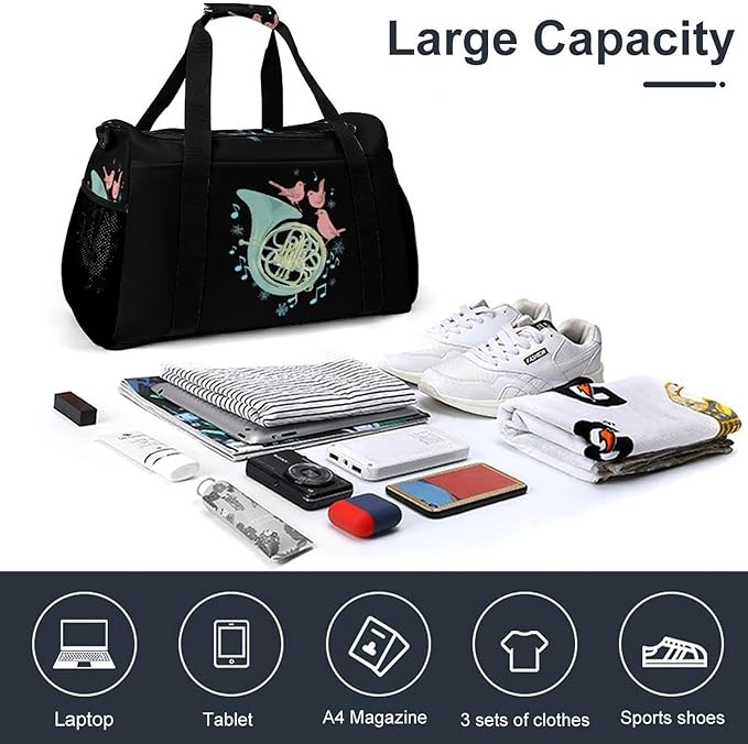 French Horn Music Bird Duffle Bag Gym Bag for Workout Travel Tote with Detachable Straps