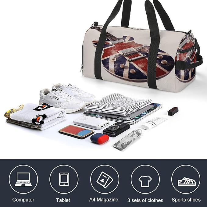 Oxford Cloth Guitar British Flag Gym Bag,Duffle Bag with Shoes Compartment And Adjustable Shoulder Straps，Weekender Bags for Men Women.