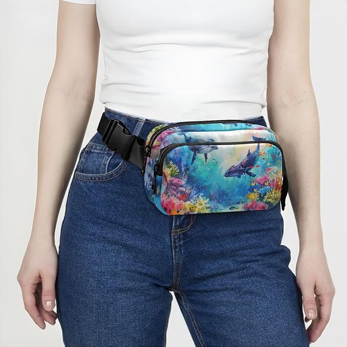 Watercolor Ocean Sea Whales Coral Fanny Pack for Women Men Water Resistant Fashion Waist Packs with Adjustable Strap Belt Bag for Travel Workout Jogging Hiking 21220600