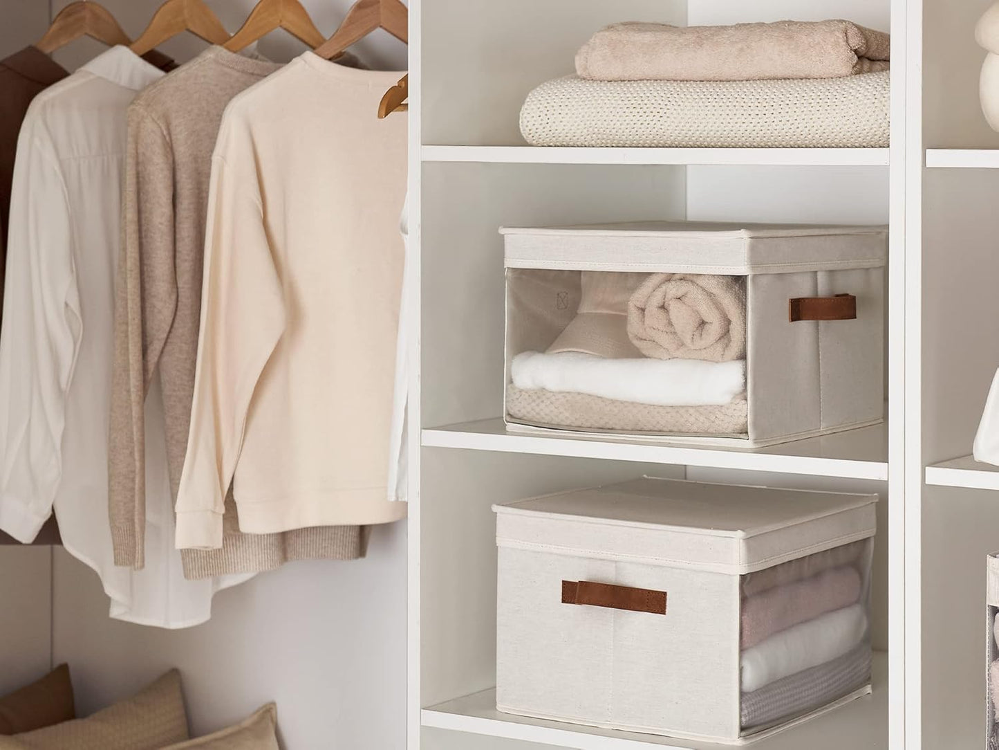 StorageWorks Storage Bins with Lid and Clear Window, Fabric Storage Boxes with Lids, Stackable Basket for Shelves, Closet Organizer and Storage Bins, Beige, Large, 4-Pack