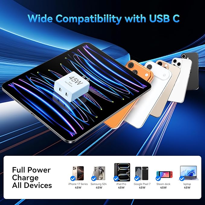 Phone 17 Charger Fast Charging, 45W Dual USB C Charger Block,USB C Wall Chargers with 10FT Long USBC Charging Cable Cord for Phone 17 16 15 Pro Max/17 16 15 Pro/17 16 15/Plus,Pad Pro/Air,S25/S24-Blue