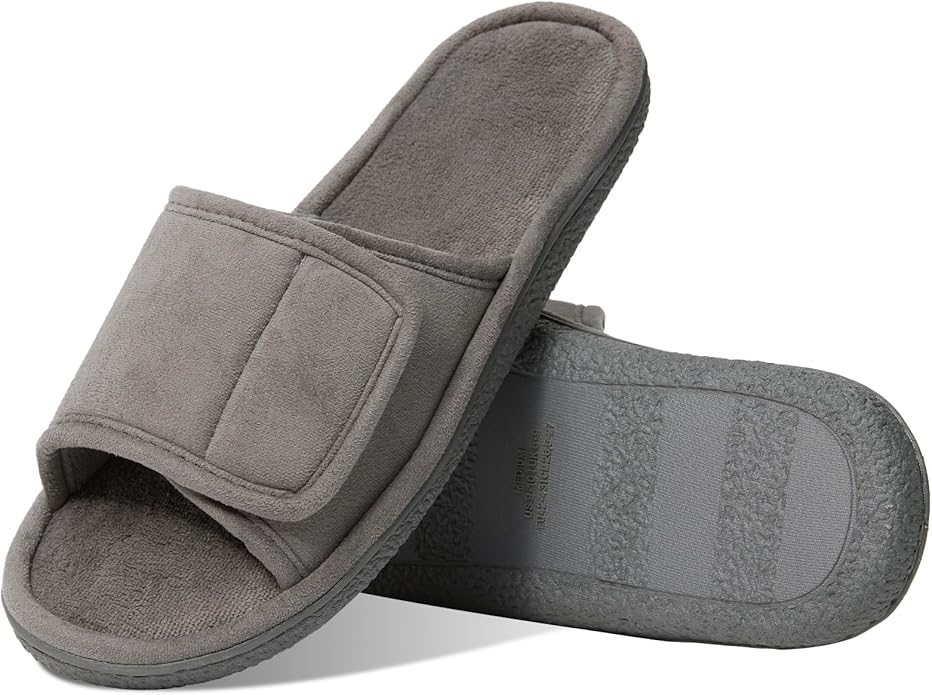 WALKFUN Men's Open Toe Slippers Adjustable Slip-on Memory Foam Indoor Slippers for Men Non Slip Outsole