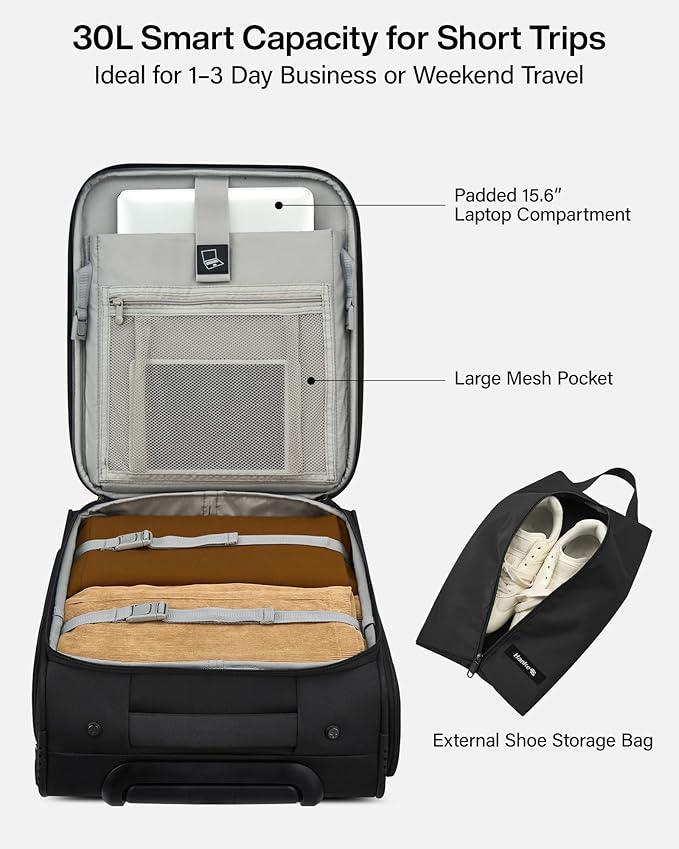 Hanke Underseat Carry On Luggage with Wheels, 17-Inch Small Suitcase Rolling Under Seat Luggage, Lightweight Personal Item Bag with 15.6" Compartment for Overnight & Short Trips, Blue
